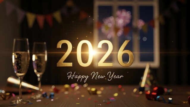 New Year celebration with champagne and fireworks - Powered by Adobe