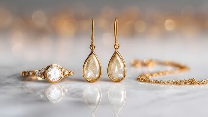 Luxury gold jewelry set featuring sparkling diamond ring and elegant pear-shaped crystal earrings, embodying timeless fashion elegance and stylish adornment for glamorous wear.