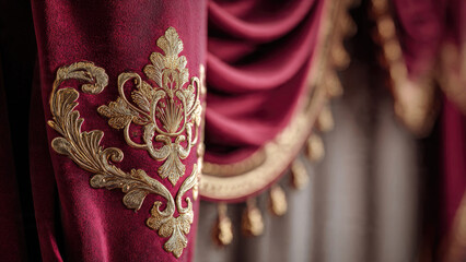 Elegant burgundy curtain with gold embroidery