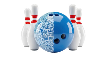 Blue bowling ball with spiral pattern and pins isolated PNG, sport equipment for bowling alley and recreational activity