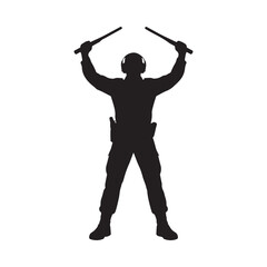 Silhouette of a police officer raising batons in a strong pose