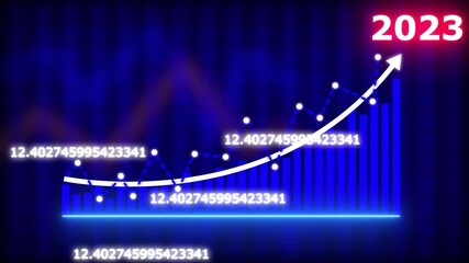 Animated financial bar graph with upward trending line chart and numerical data displaying growth and progress on a dark blue background with subtle red overlay and alpha channel for animation 4k - Powered by Adobe