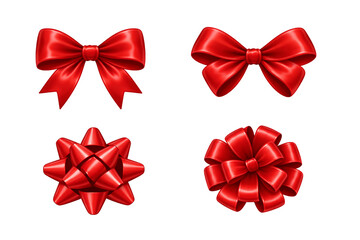 Four red decorative bows showcase varied styles for festive packaging, gift wrapping, and visual design accents