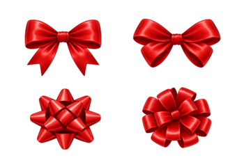 Four red decorative bows showcase varied styles for festive packaging, gift wrapping, and visual design accents