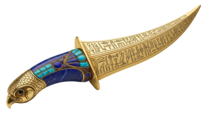 Ornate Egyptian dagger with hieroglyphs isolated PNG, golden blade and lapis lazuli handle on transparent background