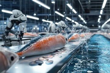 Automated robots processing fish in a high-tech aquatic facility near the coast