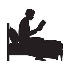 A silhouette of a man comfortably reading a book in bed at night