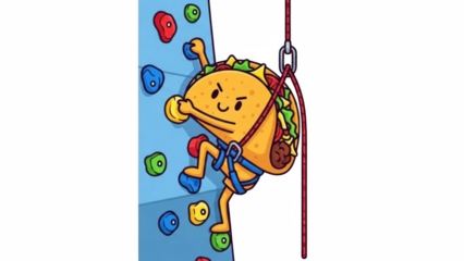 An adorable taco character rock climbing with safety gear on transparent background