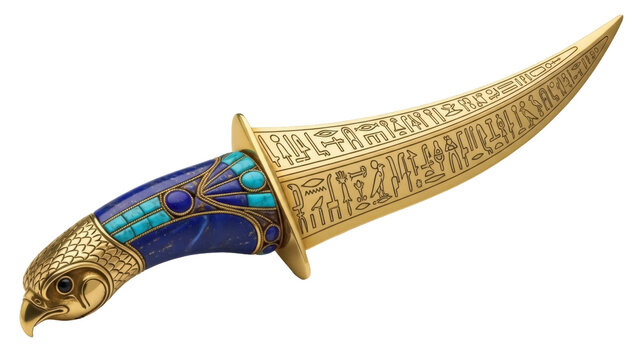 Ornate Egyptian dagger with hieroglyphs isolated PNG, golden blade and lapis lazuli handle on transparent background