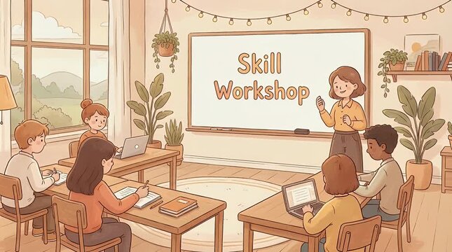 Skill workshop illustration students learning classroom scene