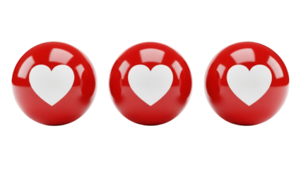 Three red glossy heart emojis PNG isolated on transparent background, social media reaction icons for expressing love and positive sentiment