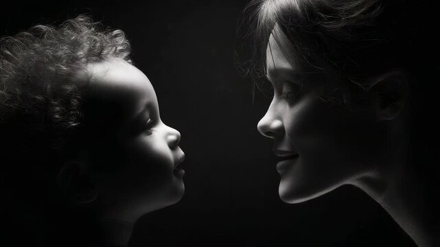 Captivating Moment of Connection: An Intimate Silhouette of a Mother and Child Sharing a Tender Gaze, Highlighting Love, Emotion, and the Unbreakable Bond Between Two Souls.