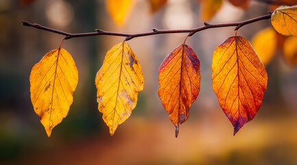 Four leaves hanging on the branch of a tree, autumn season, blurred background