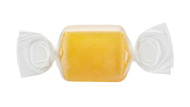 Yellow caramel candy PNG isolated on transparent background, sweet toffee wrapped in cellophane for confectionery and dessert designs
