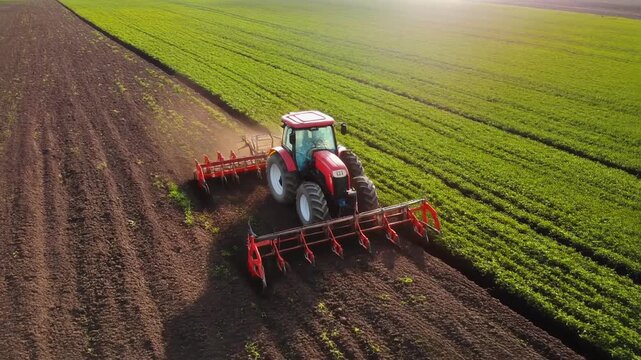 Red tractor plowing a field with a disc harrow attachment, creating neat rows in the fertile soil of a farm