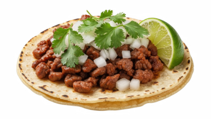 Delicious carne asada taco with cilantro onions and lime on transparent background