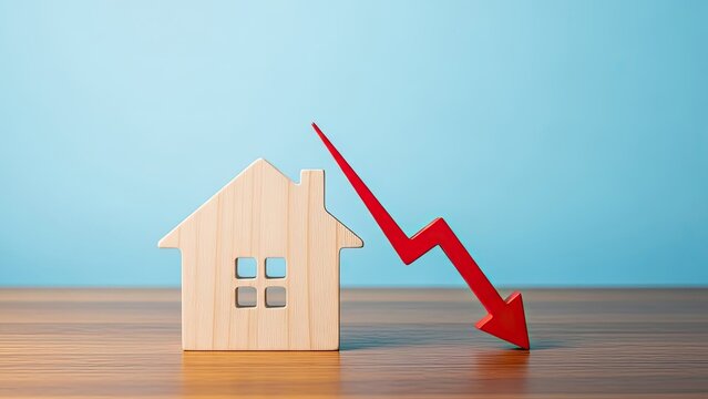 Wooden house model with declining red arrow on table