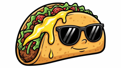 Cool taco character with sunglasses and melted cheese digital illustration on transparent background