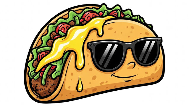 Cool taco character with sunglasses and melted cheese digital illustration on transparent background