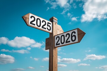 Fototapeta premium A wooden signpost with two directional signs pointing to 2025 and 2026 against a blue sky