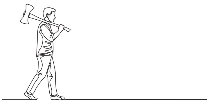 One line drawing of a man carrying an axe on his shoulder, sports concept for international event, International Axe Throwing Day promoting leagues, training, safety, and community participation