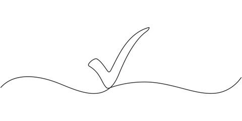Obraz premium Approval check mark icon continuous one line drawing on white background minimalist tick symbol outline vector illustration, Check mark continuous one line drawing and minimalist style isolate 