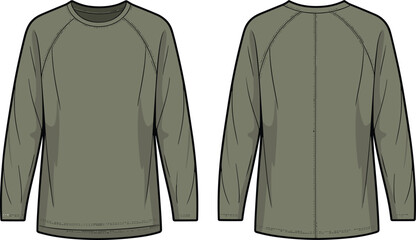 Naklejka premium Olive green long sleeve crewneck sweatshirt front and back view vector mockup isolated apparel design template for fashion branding presentation