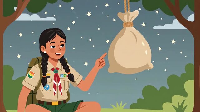 Inspiring Girl Scout Camping Under The Starry Night Sky, Pointing At Something