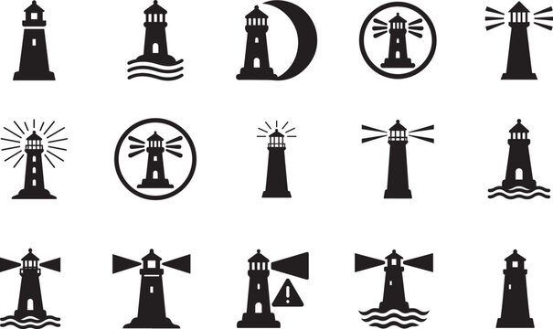 Lighthouse icon set in bold vector style. Maritime navigation symbols isolated on white for web and print use.