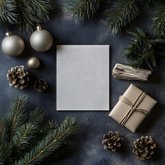 Festive scene with gift wrapping supplies, pine branches, and decorations on a dark surface during the holiday season