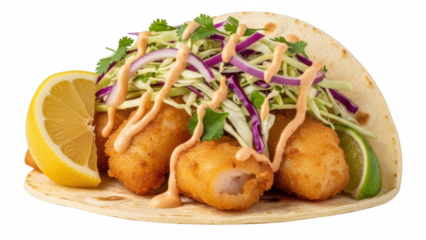 Delicious fried fish taco with cabbage slaw lime and sauce on transparent background