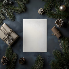 Festive scene with gift wrapping supplies, pine branches, and decorations on a dark surface during the holiday season