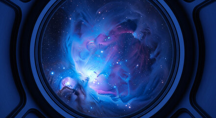 A view of a vibrant blue and purple deep space nebula with glowing stars, seen through a dark, circular spacecraft window or portal