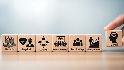 Hand placing a wooden block with a portrait onto a line of similar blocks with various images