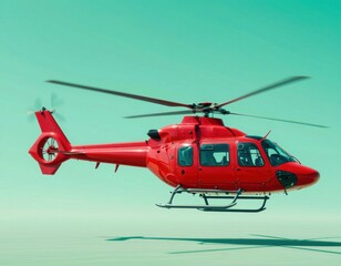 Vibrant Red Helicopter Flying Against Bright Turquoise Sky with Copy Space