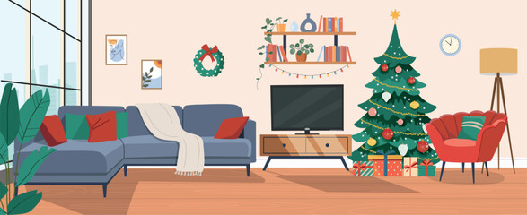Festive Christmas Home Interior with Tree, Gifts and Warm Lighting. Vector flat  cartoon illustration