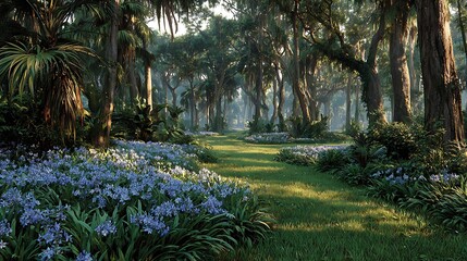 A tranquil garden with a path leading through a dense forest, adorned with lush greenery, blue flowers, and a calm, misty atmosphere.