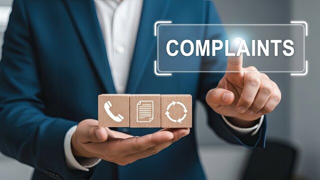 Businessman handling customer complaints with wooden blocks