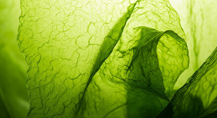 An extreme close-up of a translucent green leaf, showing a complex network of veins and organic textures illuminated by soft light