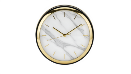 Clock With Marble Design on the Face and Gold Hands on Display, isolated on white or transparent background. PNG