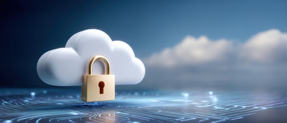 Safe cloud computing with padlock icon protecting private data over blue technology circuit