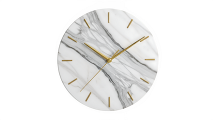 Clock With Marble Design on the Face and Gold Hands on Display, isolated on white or transparent background. PNG