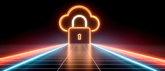 Glowing neon cloud security padlock protection data technology on futuristic digital road