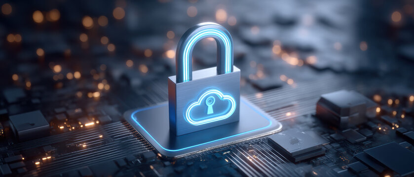 Blue digital cloud padlock ensures secure data protection and safety online - Powered by Adobe