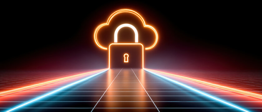 Glowing neon cloud security padlock protection data technology on futuristic digital road - Powered by Adobe