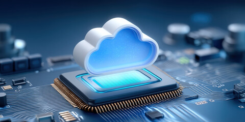 Futuristic blue cloud computing icon hovering over digital microchip