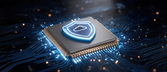 Powerful cloud security shield guarding cyber technology data on modern digital chip