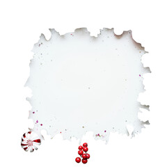 Obraz premium Meticulously arranged flat lay festive frame with dark green fir, sparkling snow, vibrant red holly berries, striped candy canes, iridescent baubles on white copy space, elegant christmas frame