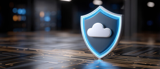 Secure blue cloud shield symbol offering safe digital data protection technology
