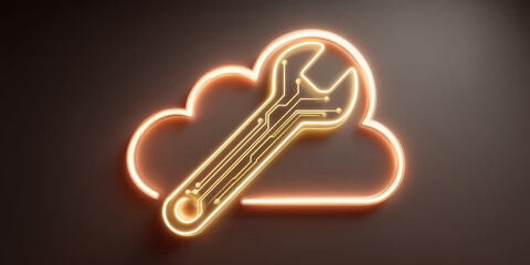Glowing orange neon cloud icon with wrench symbol showing technical service and repair